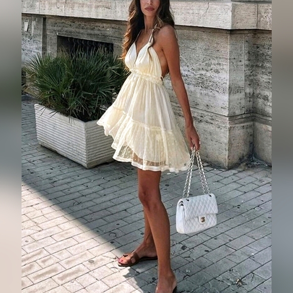 NEW Boho Mesh Tulle Dot Ruffle Halter Mini Dress Off White Cream Ivory - Picture 4 of 14